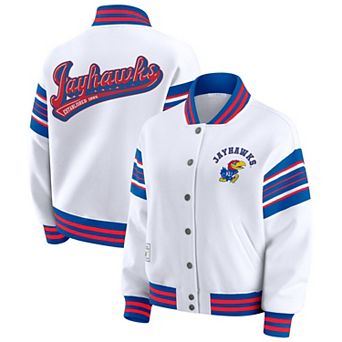 Women's WEAR by Erin Andrews White/Royal Kansas Jayhawks Satin Stitch Full-Snap Fleece Sweatshirt Jacket