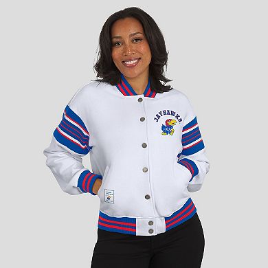 Women's WEAR by Erin Andrews White/Royal Kansas Jayhawks Satin Stitch Full-Snap Fleece Sweatshirt Jacket