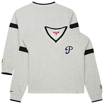 Women's Mitchell & Ness Heather Gray Philadelphia Phillies Cooperstown Collection V-Neck Cropped Toggle Sweatshirt