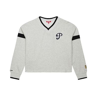 Women's Mitchell & Ness Heather Gray Philadelphia Phillies Cooperstown Collection V-Neck Cropped Toggle Sweatshirt