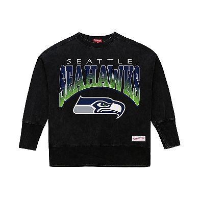 Women's Mitchell & Ness Black Seattle Seahawks Delineate Mineral Wash Crewneck Sweatshirt
