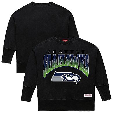 Women's Mitchell & Ness Black Seattle Seahawks Delineate Mineral Wash Crewneck Sweatshirt