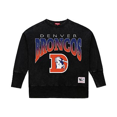 Women's Mitchell & Ness Black Denver Broncos Delineate Mineral Wash Crewneck Sweatshirt