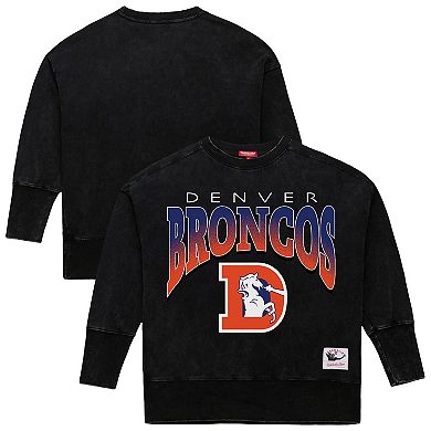 Women's Mitchell & Ness Black Denver Broncos Delineate Mineral Wash Crewneck Sweatshirt