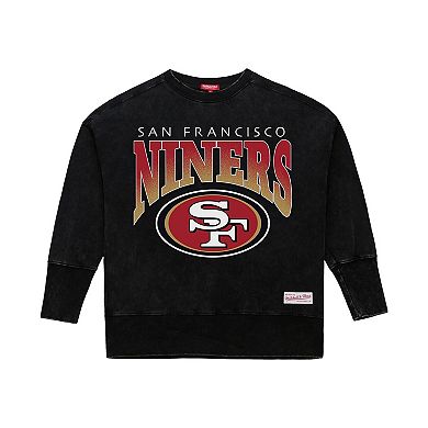 Women's Mitchell & Ness Black San Francisco 49ers Delineate Mineral Wash Crewneck Sweatshirt