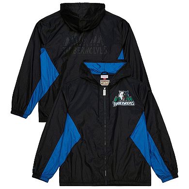 Men's Mitchell & Ness Black Minnesota Timberwolves Playmaker Full-Zip Hooded Windbreaker Jacket