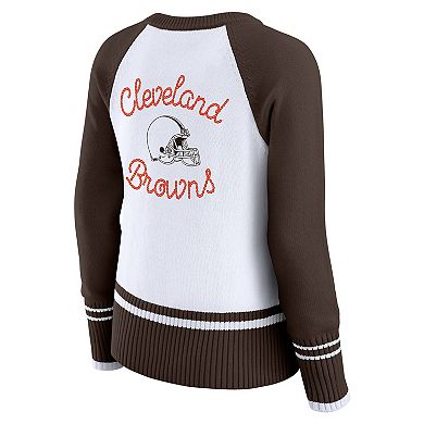 Women's WEAR by Erin Andrews White/Brown Cleveland Browns Colorblock Raglan Sweater