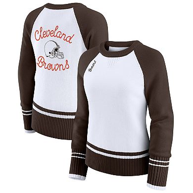 Women's WEAR by Erin Andrews White/Brown Cleveland Browns Colorblock Raglan Sweater
