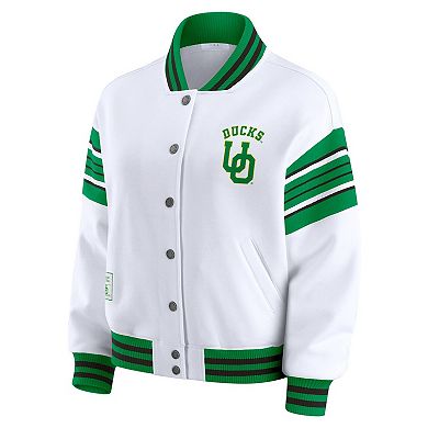 Women's WEAR by Erin Andrews White/Green Oregon Ducks Satin Stitch Full-Snap Fleece Sweatshirt Jacket