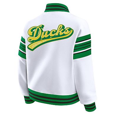 Women's WEAR by Erin Andrews White/Green Oregon Ducks Satin Stitch Full-Snap Fleece Sweatshirt Jacket
