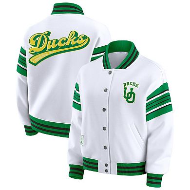 Women's WEAR by Erin Andrews White/Green Oregon Ducks Satin Stitch Full-Snap Fleece Sweatshirt Jacket