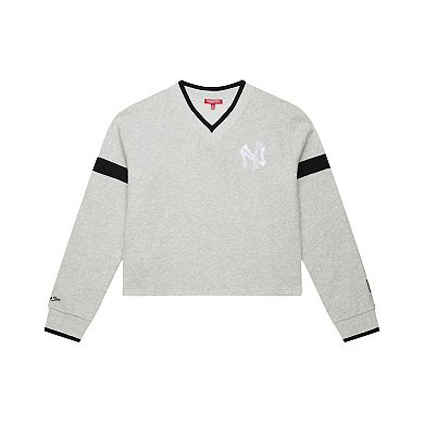 Women's Mitchell & Ness Heather Gray New York Yankees Cooperstown Collection V-Neck Cropped Toggle Sweatshirt