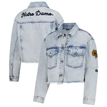Women's Hype and Vice Denim Notre Dame Fighting Irish Lightwash Cropped Button-Up Jean Jacket