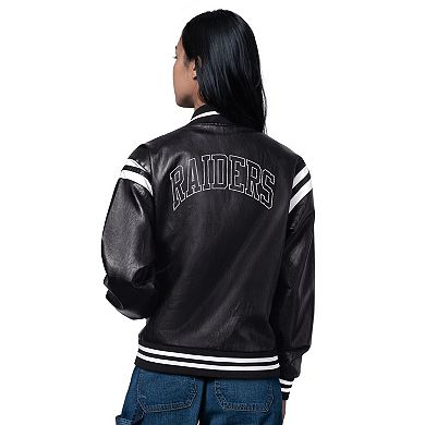 Women's Starter Black Las Vegas Raiders High Heat Vegan Leather Full-Snap Varsity Jacket