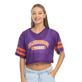 Women's ZooZatz Purple Clemson Tigers V-Neck Mesh Cropped T-Shirt