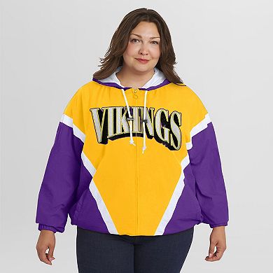 Women's WEAR by Erin Andrews Gold/Purple Minnesota Vikings Plus Size Retro Crinkle Full-Zip Hoodie Windbreaker Jacket