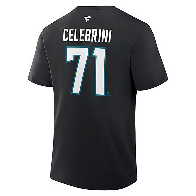Men's Fanatics Macklin Celebrini Black San Jose Sharks Authentic Stack Name & Number T-Shirt