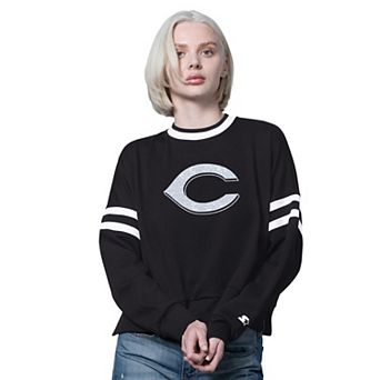Women's Starter Black Cincinnati Reds Rally Cropped Drop Shoulder Crewneck Sweatshirt