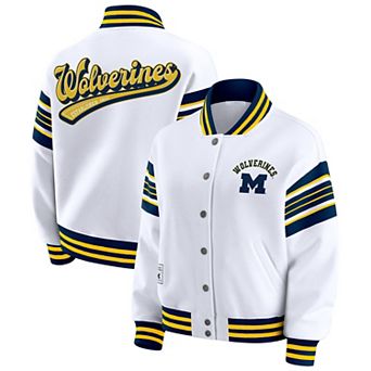 Women's WEAR by Erin Andrews White/Navy Michigan Wolverines Satin Stitch Full-Snap Fleece Sweatshirt Jacket
