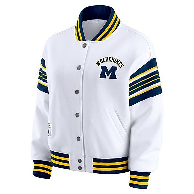 Women's WEAR by Erin Andrews White/Navy Michigan Wolverines Satin Stitch Full-Snap Fleece Sweatshirt Jacket