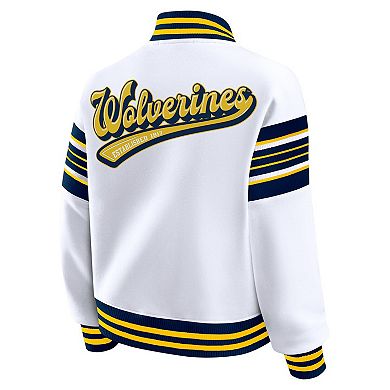 Women's WEAR by Erin Andrews White/Navy Michigan Wolverines Satin Stitch Full-Snap Fleece Sweatshirt Jacket