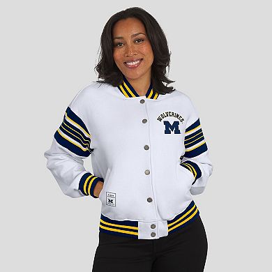 Women's WEAR by Erin Andrews White/Navy Michigan Wolverines Satin Stitch Full-Snap Fleece Sweatshirt Jacket
