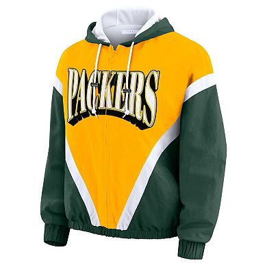 Women's WEAR by Erin Andrews Gold/Green Green Bay Packers Plus Size Retro Crinkle Full-Zip Hoodie Windbreaker Jacket