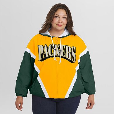 Women's WEAR by Erin Andrews Gold/Green Green Bay Packers Plus Size Retro Crinkle Full-Zip Hoodie Windbreaker Jacket