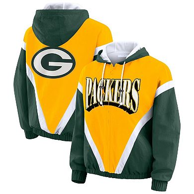 Women's WEAR by Erin Andrews Gold/Green Green Bay Packers Plus Size Retro Crinkle Full-Zip Hoodie Windbreaker Jacket