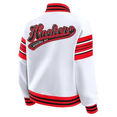 Women's WEAR by Erin Andrews White/Scarlet Nebraska Huskers Satin Stitch Full-Snap Fleece Sweatshirt Jacket