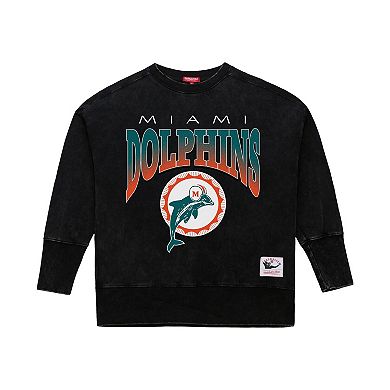 Women's Mitchell & Ness Black Miami Dolphins Delineate Mineral Wash Crewneck Sweatshirt