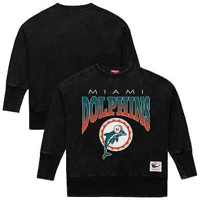 Women's Mitchell & Ness Black Miami Dolphins Delineate Mineral Wash Crewneck Sweatshirt