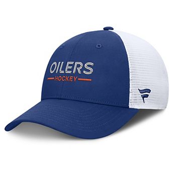 Men's Fanatics Blue/White Edmonton Oilers Authentic Pro Rink Lockup Adjustable Trucker Hat