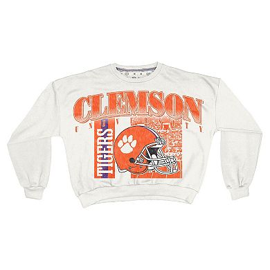 Women's Pressbox White Clemson Tigers Oversized Janice Retro Waist-Length Sweatshirt
