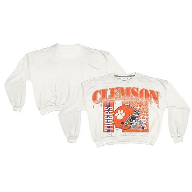 Women's Pressbox White Clemson Tigers Oversized Janice Retro Waist-Length Sweatshirt