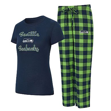 Women's Concepts Sport College Navy/Neon Green Seattle Seahawks Plus Avondale T-Shirt & Pants Flannel PJ Set