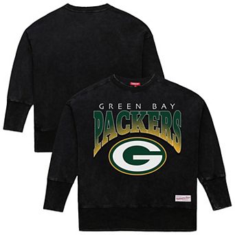 Women's Mitchell & Ness Black Green Bay Packers Delineate Mineral Wash Crewneck Sweatshirt