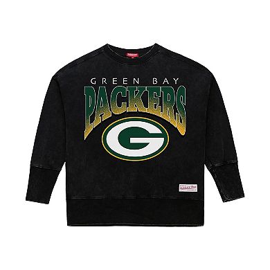 Women's Mitchell & Ness Black Green Bay Packers Delineate Mineral Wash Crewneck Sweatshirt
