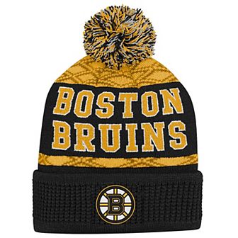 Youth Outerstuff Gold Boston Bruins Puck Pattern Cuffed Knit Hat with Pom