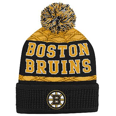 Youth Outerstuff Gold Boston Bruins Puck Pattern Cuffed Knit Hat with Pom