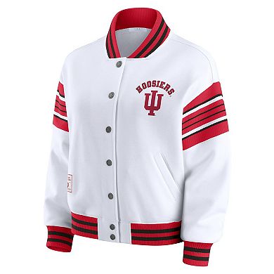 Women's WEAR by Erin Andrews White/Crimson Indiana Hoosiers Satin Stitch Full-Snap Fleece Sweatshirt Jacket
