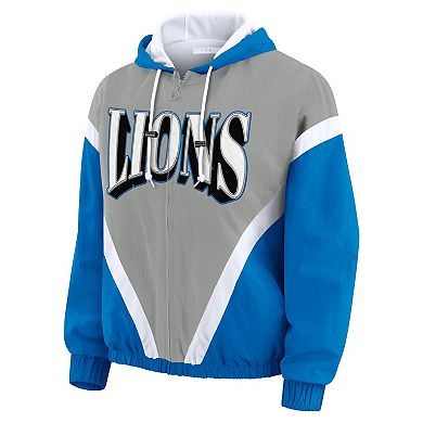 Women's WEAR by Erin Andrews Blue/Gray Detroit Lions Plus Size Retro Crinkle Full-Zip Hoodie Windbreaker Jacket