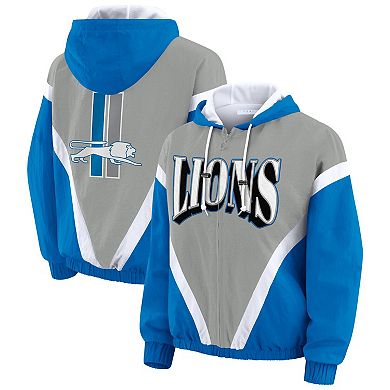 Women's WEAR by Erin Andrews Blue/Gray Detroit Lions Plus Size Retro Crinkle Full-Zip Hoodie Windbreaker Jacket