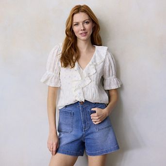 Petite LC Lauren Conrad Ruffle Front Blouse With Tucks