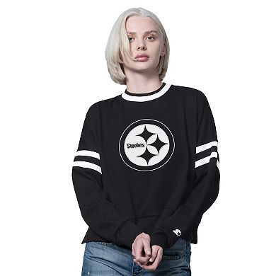 Women's Starter Black Pittsburgh Steelers Rally Drop Shoulder Cropped Sweatshirt