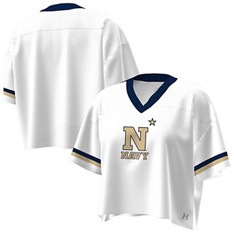 Women's Under Armour White Navy Midshipmen Fashion Jersey Boxy Cropped V-Neck T-Shirt