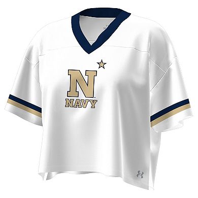 Women's Under Armour White Navy Midshipmen Fashion Jersey Boxy Cropped V-Neck T-Shirt