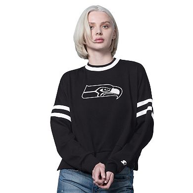 Women's Starter Black Seattle Seahawks Rally Drop Shoulder Cropped Sweatshirt
