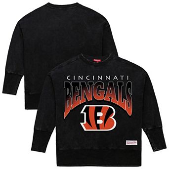 Women's Mitchell & Ness Black Cincinnati Bengals Delineate Mineral Wash Crewneck Sweatshirt