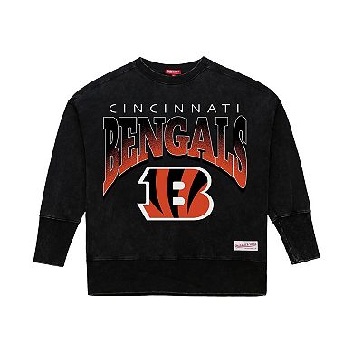 Women's Mitchell & Ness Black Cincinnati Bengals Delineate Mineral Wash Crewneck Sweatshirt